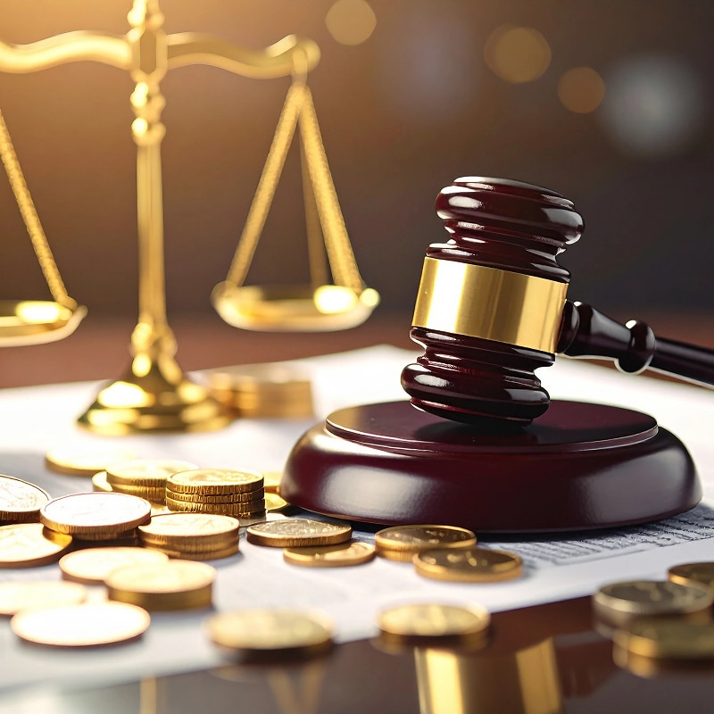 Gavel de juge en bois et pièces d'or sur document, avec balance de justice floue en arrière-plan. Symbolise finance et droit.