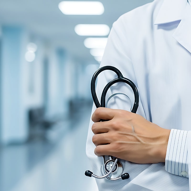 Médecin en blouse blanche tenant un stéthoscope, le bras croisé, dans un couloir d'hôpital flou.
