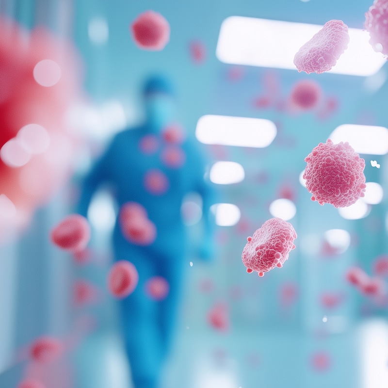 Virus, Cellules & Médecin en Laboratoire: Protection et Santé Cellules roses/rouges, type virus ou bactéries, flottant devant un médecin en tenue protectrice bleue dans un laboratoire stérile.