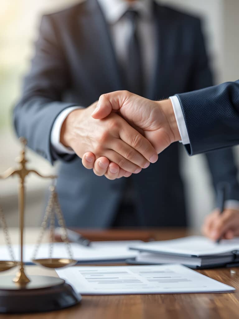 Accord légal : Poignée de main, partenariat et justice Deux professionnels se serrent la main devant des documents et une balance de justice, symbolisant un accord légal ou commercial.