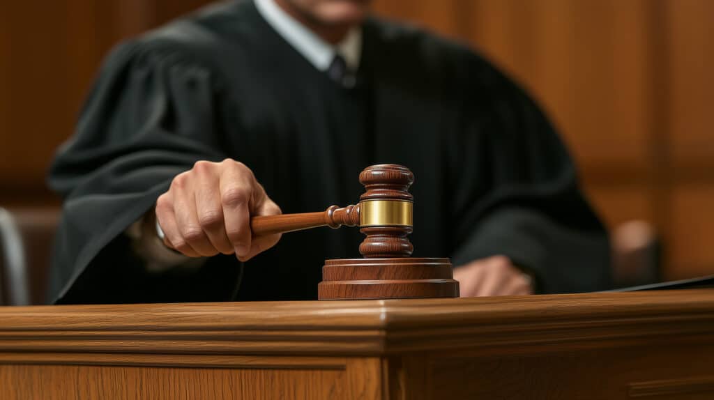 Juge frappe marteau de justice : verdict au tribunal. Main d'un juge en toge noire tenant un marteau de justice en bois, prête à frapper le socle sur un bureau de tribunal.